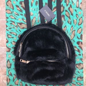 NWT Forever 21 Black faux fur mini backpack purse
